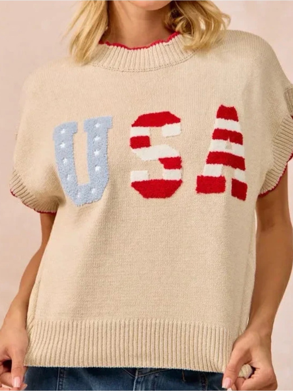 BiBi Cream Short-Sleeve Knit Sweater with Red & Light Blue USA Motif